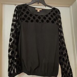 Nine West Black Blouse with Polka Dot Mesh Sleeves